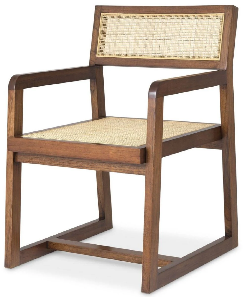 Luxury dining room chair brown / natural colors 58.5 x 65.5 x H. 89 cm - solid wood chair with armrests and hand-woven rattan weave - luxury dining room furniture