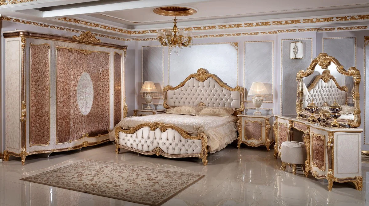 Luxury Baroque Bedroom Set White / Brown / Gold / Silver - 1 Baroque Dressing Table & 1 Baroque Mirror & 1 Baroque Stool - Baroque Bedroom Furniture - Noble & Magnificent