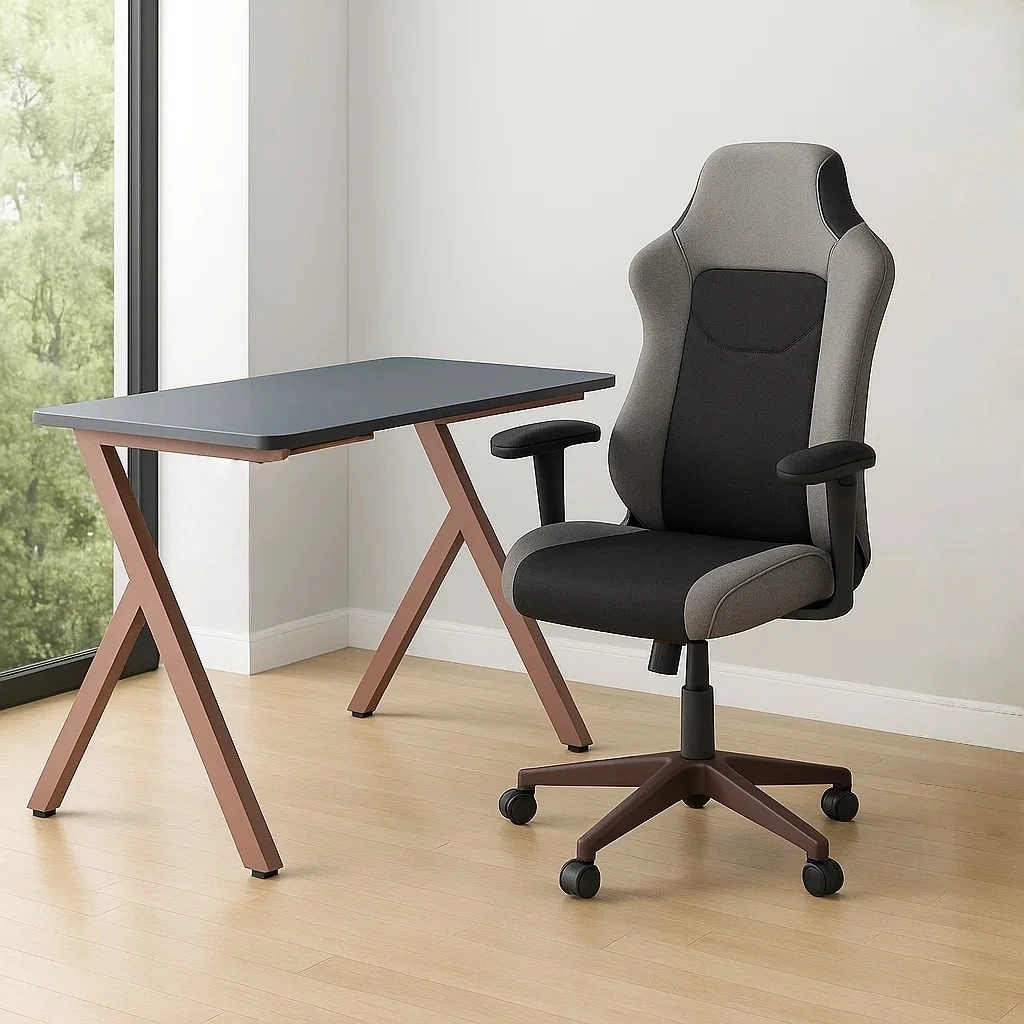 Computertisch, Holz, grau und braun, mit ergonomischem Stuhl, Rollen, 120 x 60 x 75 cm - WKUwhvVOGRpr