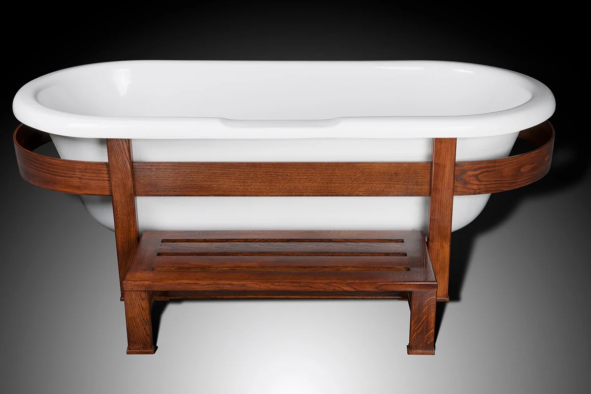 Luxury retro bathtub white / dark brown 178 x 76 x H. 73 cm - Freestanding bathtub with wooden frame and step - Retro bathroom furniture