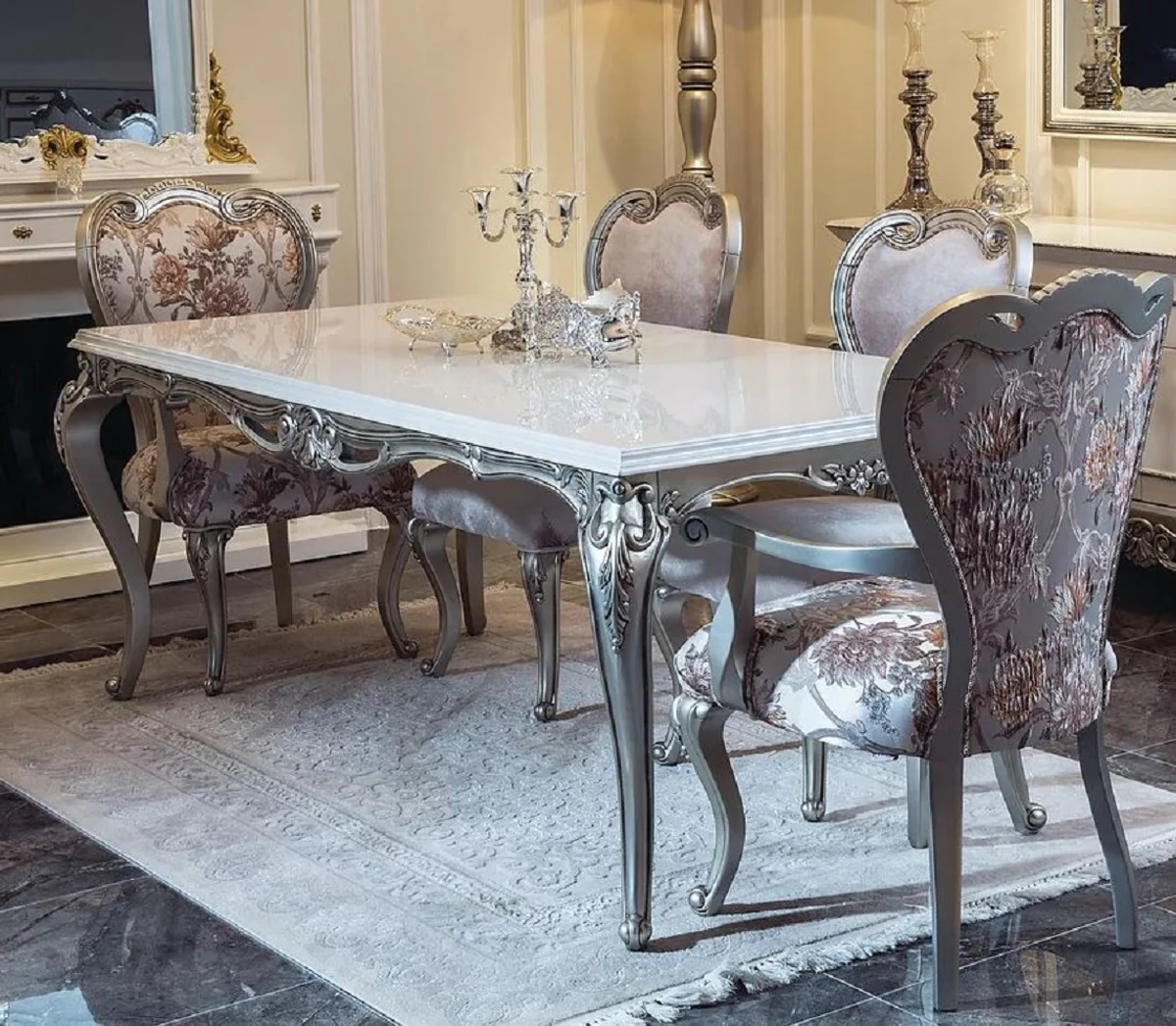 Luxury Baroque Dining Table White / Silver - Handmade Kitchen Table in Baroque Style - Baroque Dining Room Furniture