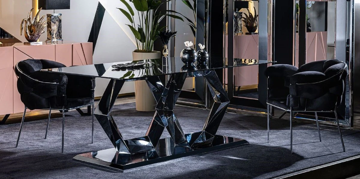 Luxury designer dining room furniture set black / silver - 1 luxury dining table with glass top & 6 luxury dining room chairs - dining room furniture - luxury furniture - luxury dining room furnishings