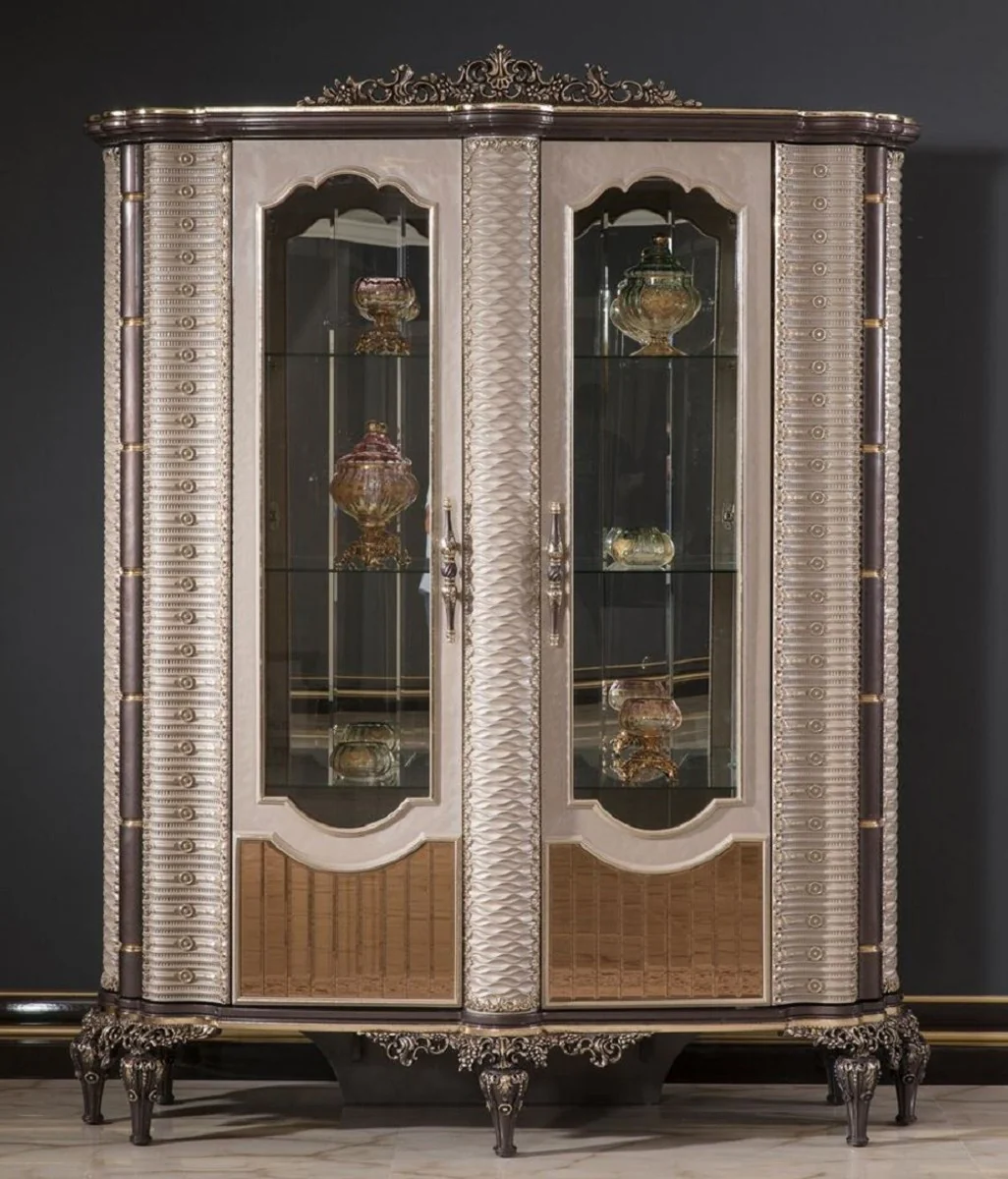 Luxury baroque display cabinet gray / brown / gold - magnificent solid wood display cabinet with 2 glass doors - baroque furniture - noble and magnificent