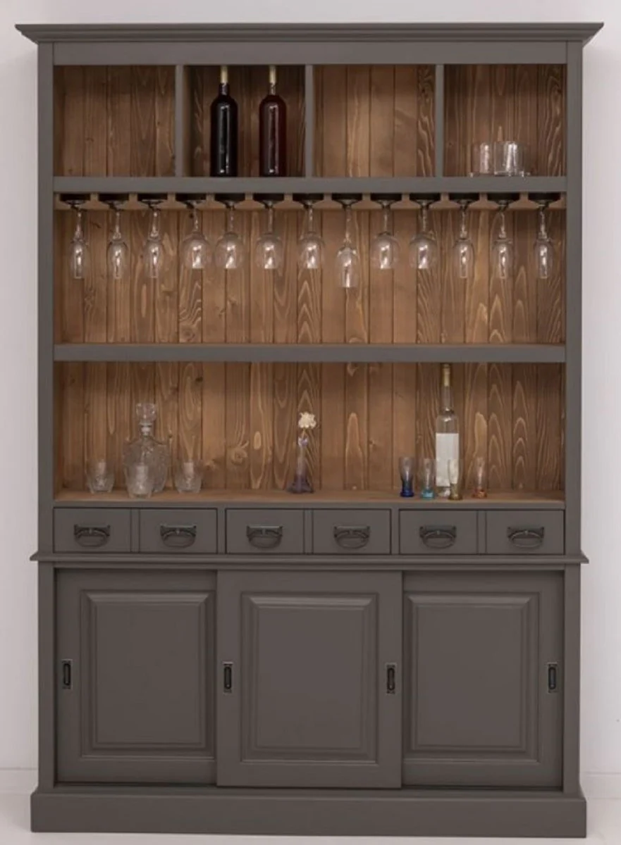 Country house style solid wood bar cabinet dark gray / brown 151 x 36 x H. 210 cm - Solid wood wine cabinet in country house style - Solid wood bar furniture - Country house style bar furniture