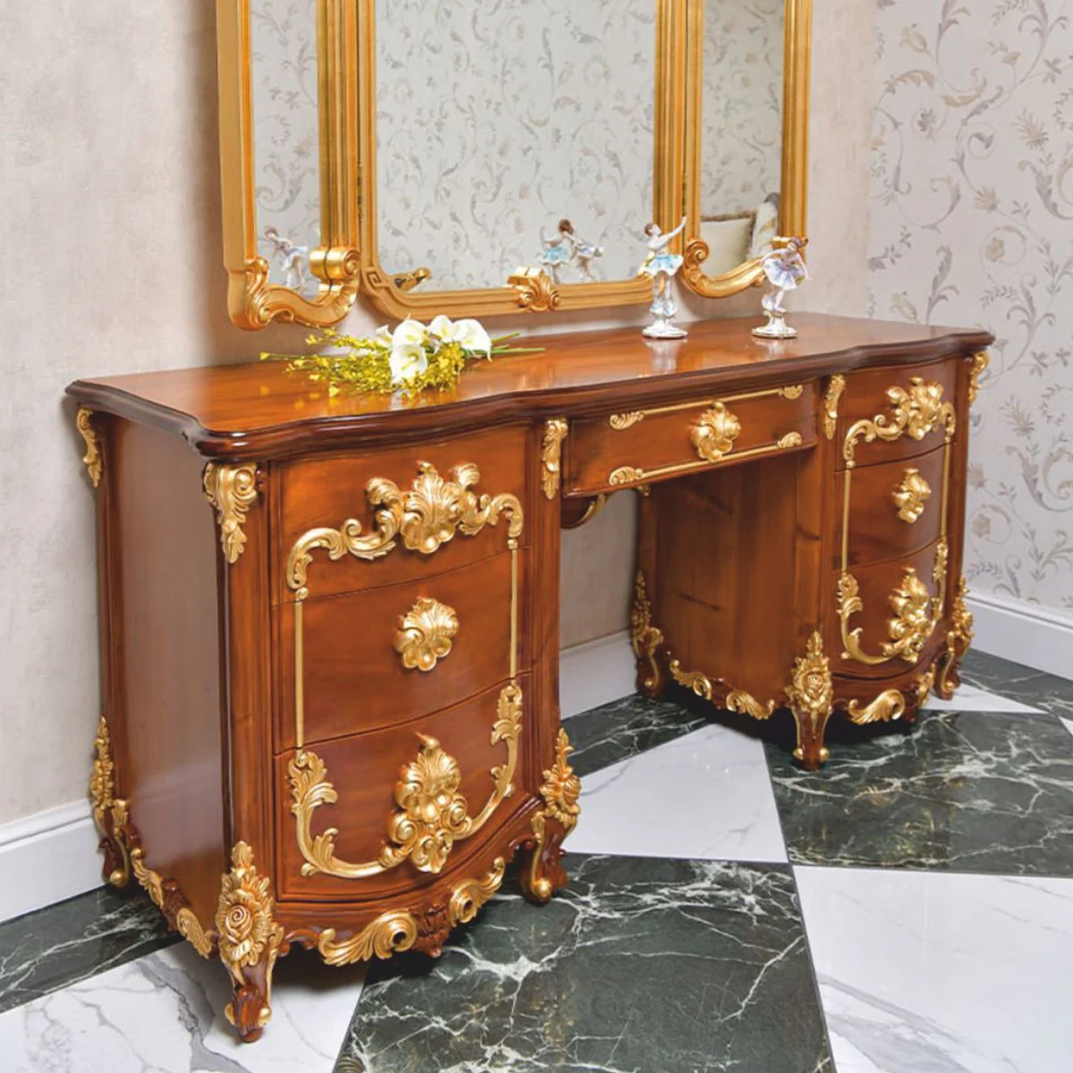 Luxus Barock Schminkkommode Braun / Gold 170 cm - Made in Italy