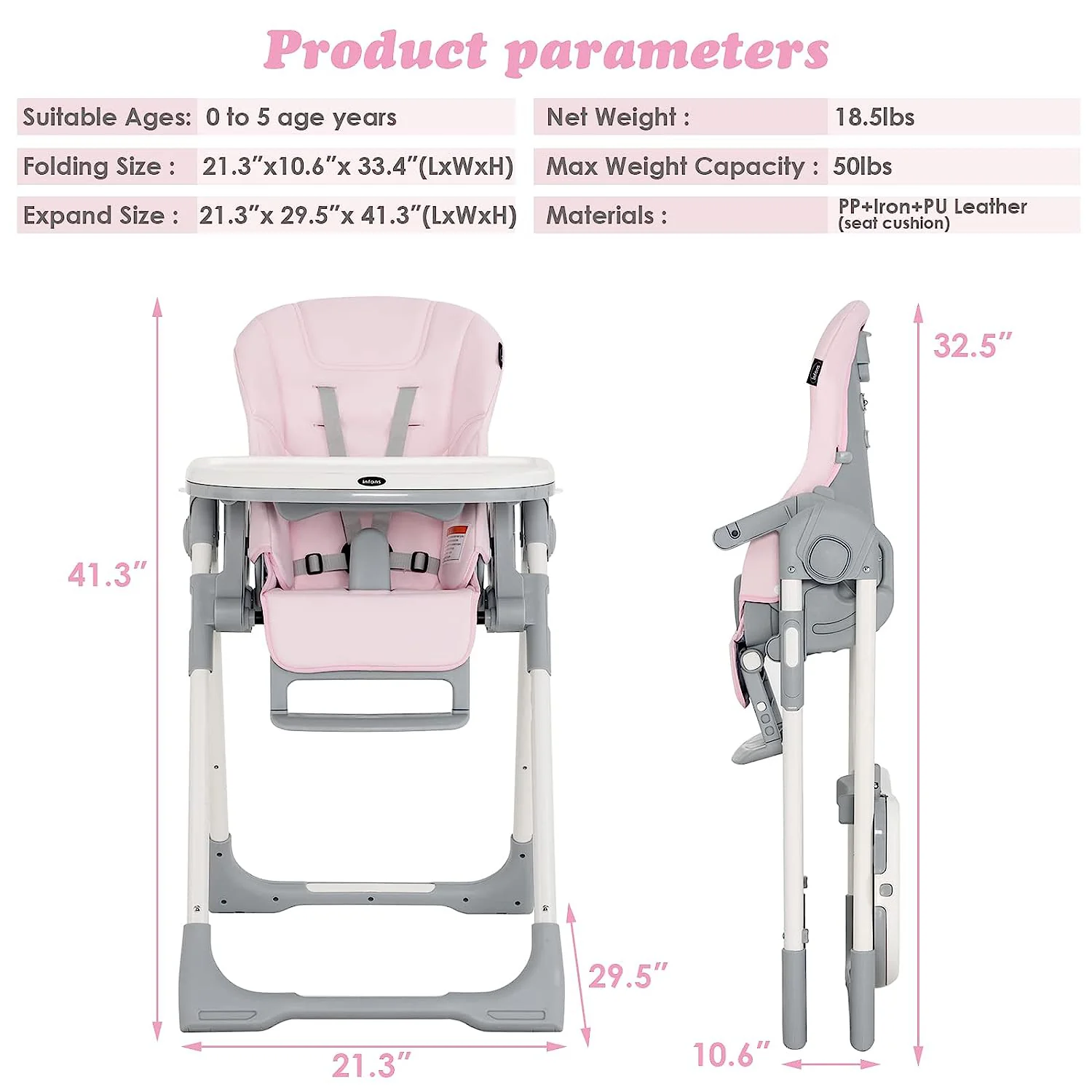 Hochstuhl für Babys und Kleinkinder, faltbarer Hochstuhl mit mehrfach verstellbarer Rückenlehne, Fußstütze und Sitzhöhe, abnehmbarem Tablett, abnehmbarem PU-Lederkissen, integrierten Hinterrädern (schwarz)