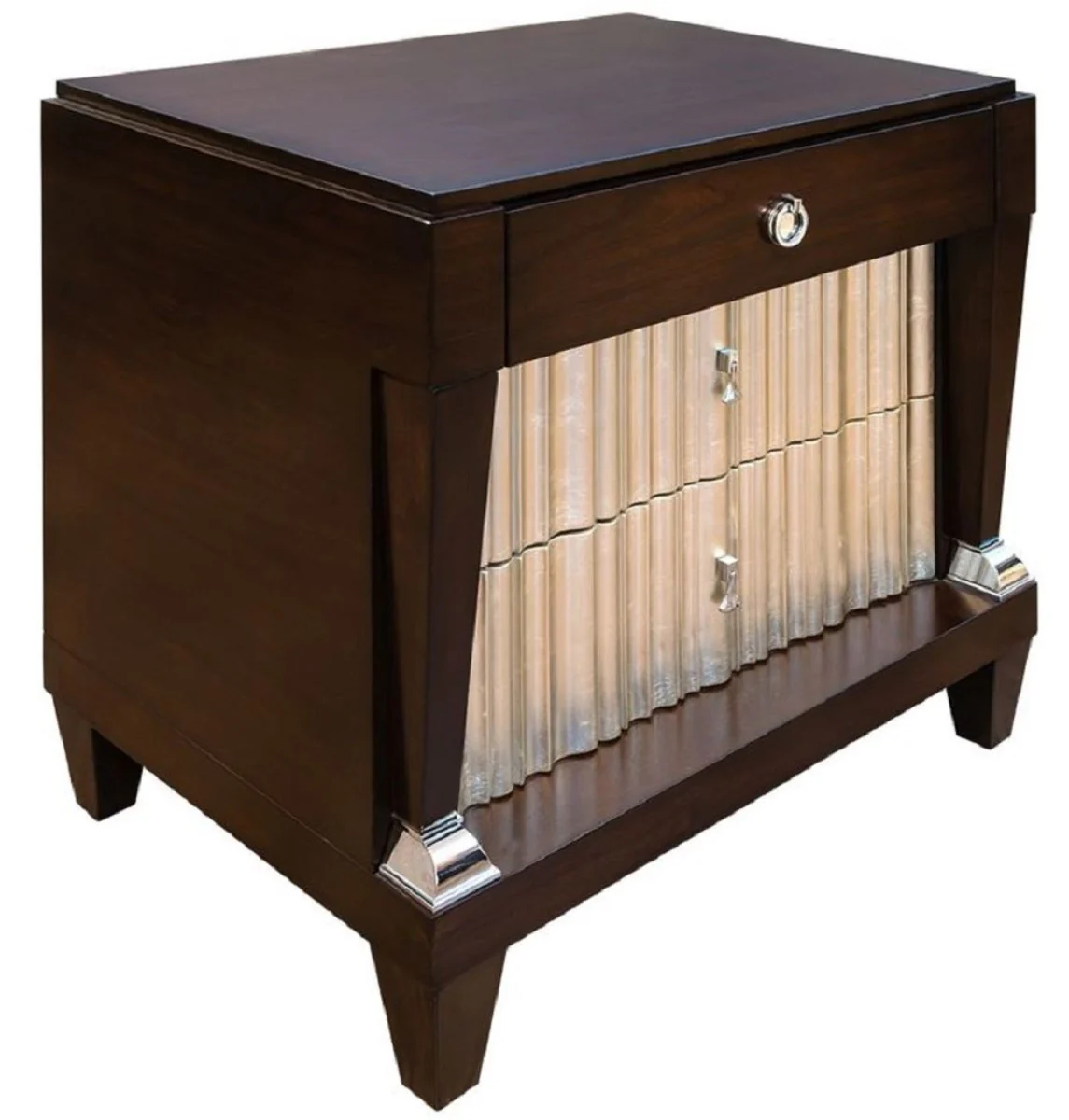 Neoclassical luxury nightstand dark brown / silver 66.5 x 46.5 x H. 70 cm - Elegant solid wood bedside table with 3 drawers - Bedroom furniture in neoclassical style