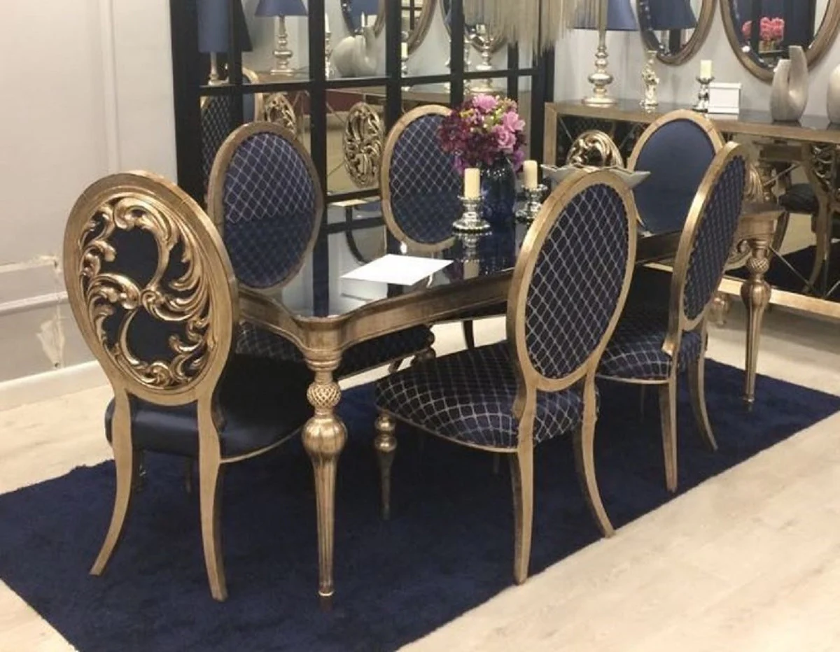 Luxury Baroque Dining Room Set Blue / Antique Gold - 1 Dining Room Table & 6 Dining Chairs - Baroque Dining Room Furniture - Noble & Magnificent