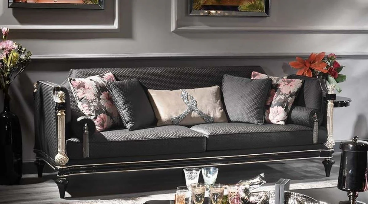 Luxury baroque sofa black / gray / silver / antique gold 250 x 95 x H. 80 cm - magnificent living room sofa in baroque style