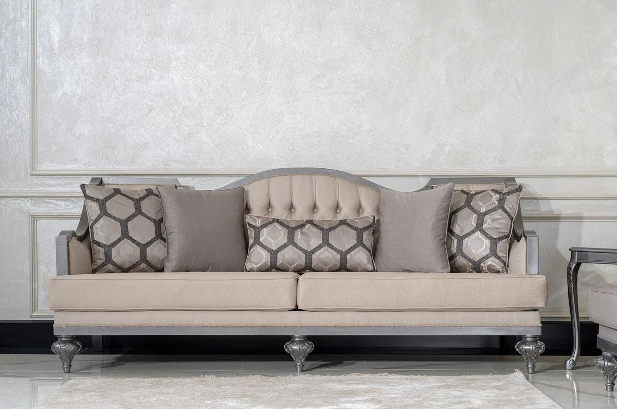 Luxury Baroque Living Room Sofa Beige / Gray - Handmade Baroque Style Sofa with Decorative Pillows - Luxury Living Room Furniture in Baroque Style - Baroque Furniture
