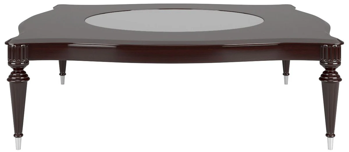 Luxury baroque coffee table with glass top dark brown high gloss / silver 110 x 110 x H. 45 cm - Noble living room table in baroque style - Baroque living room furniture