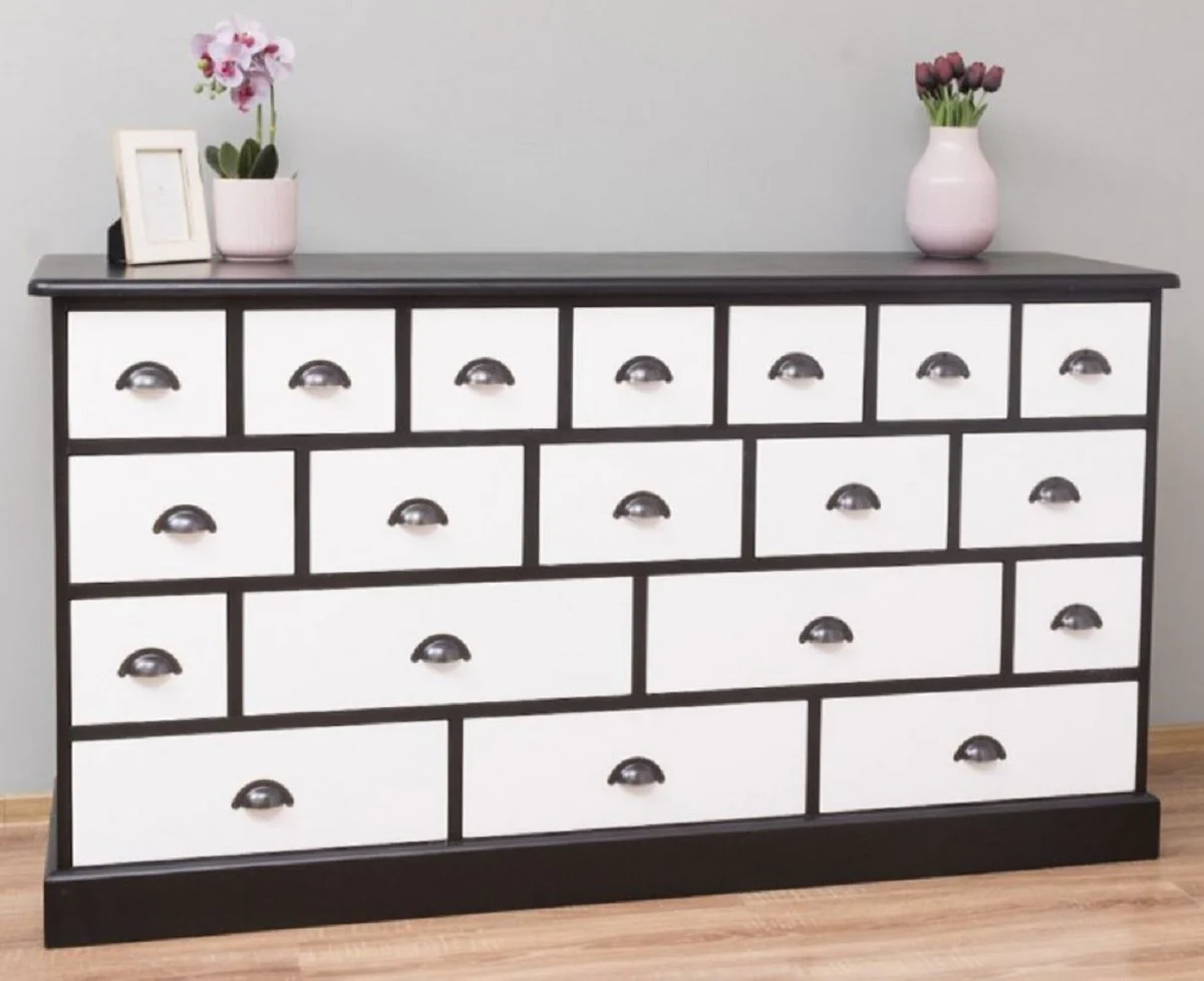 Country house style chest of drawers black / white 180 x 48 x H. 95 cm - solid wood cabinet with 19 drawers - country house style furniture - country house style furniture - country house style furnishings