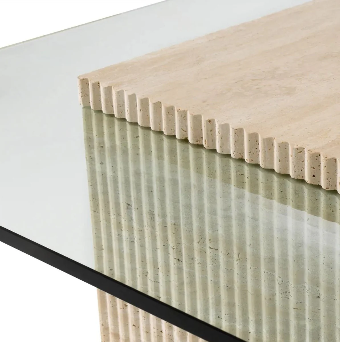 Luxury travertine coffee table beige 90 x 90 x H. 35 cm - Square natural stone living room table with glass top - Living room furniture - Luxury furniture - Luxury furnishings