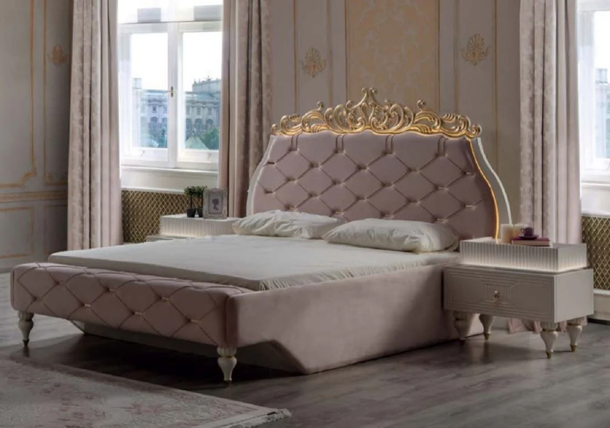 Luxury Baroque Bedroom Set Pink / Cream / Gold - 1 Baroque Double Bed with Headboard & 2 Baroque Nightstands - Luxury Bedroom Furniture in Baroque Style - Baroque Interior