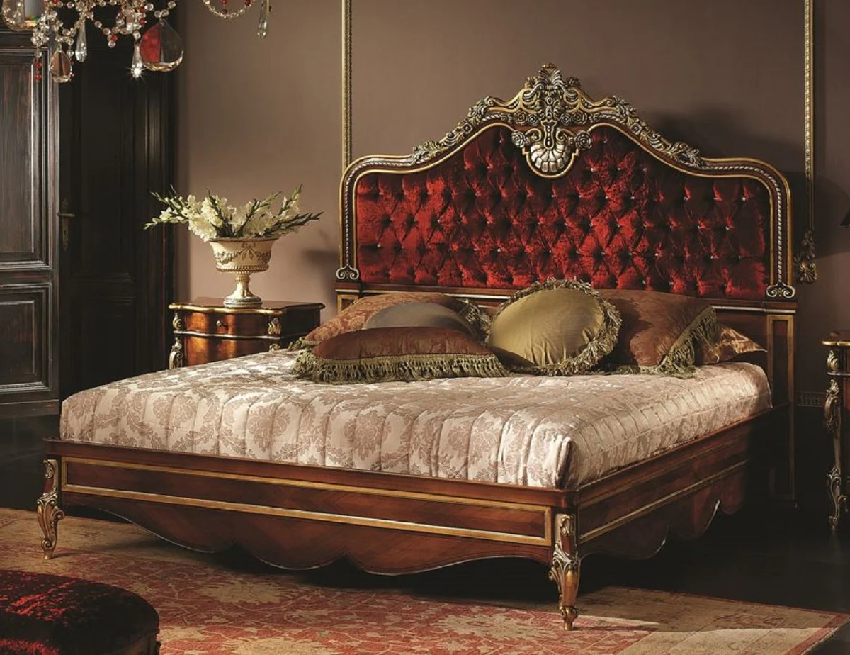 Luxury Baroque double bed Bordeaux red / brown / gold / silver - Magnificent solid wood bed with Swarovski crystal glass - Baroque bedroom furniture - Luxury quality - Made in Italy