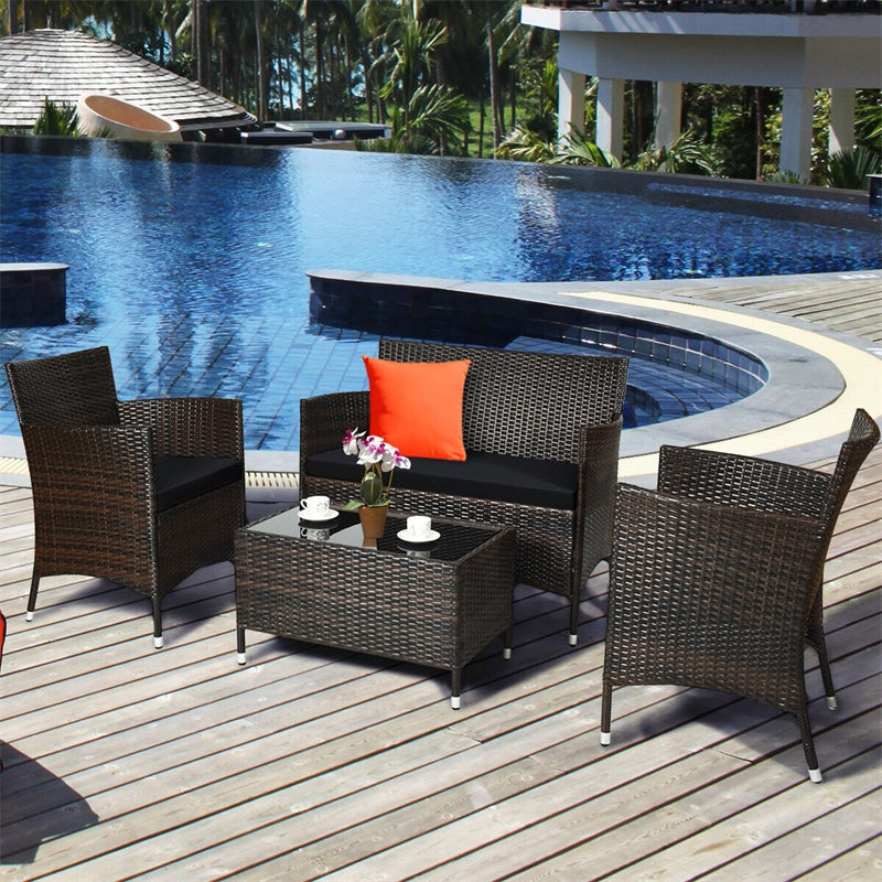 4 Pcs Outdoor Rattan Patio Conversation Set Wicker Furniture Set with Coffee Table and Cushion Sofas