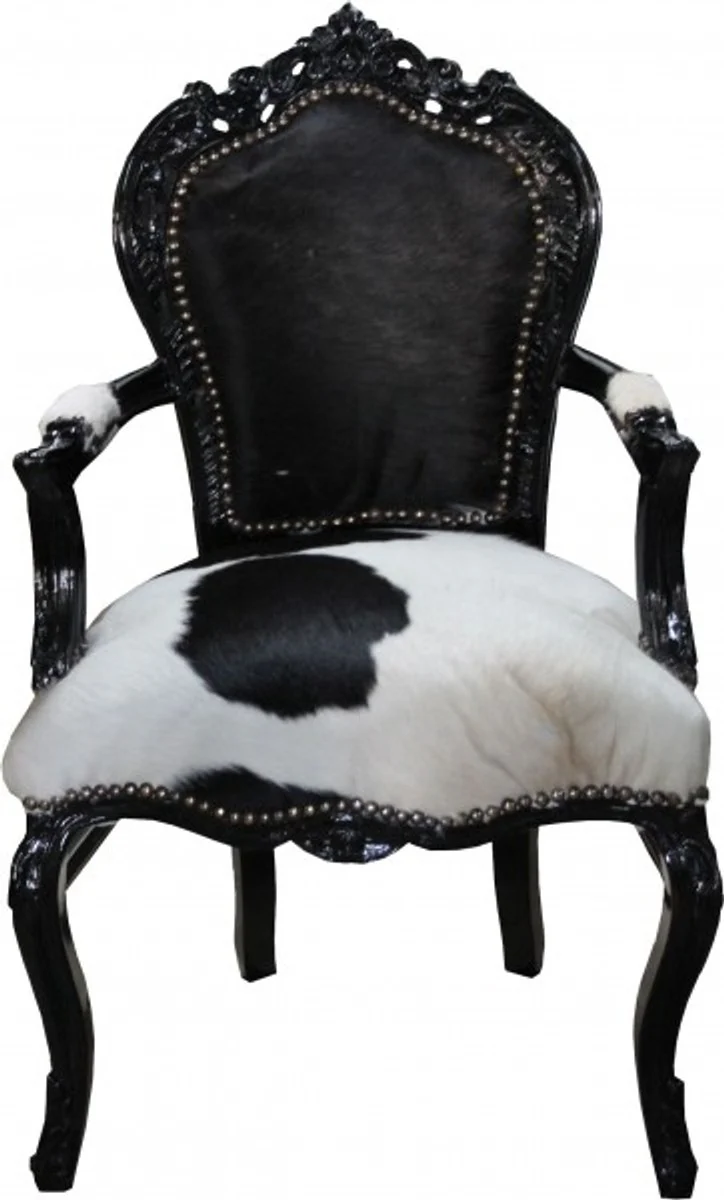 Baroque dining room chair cowhide / black with armrests - real cowhide