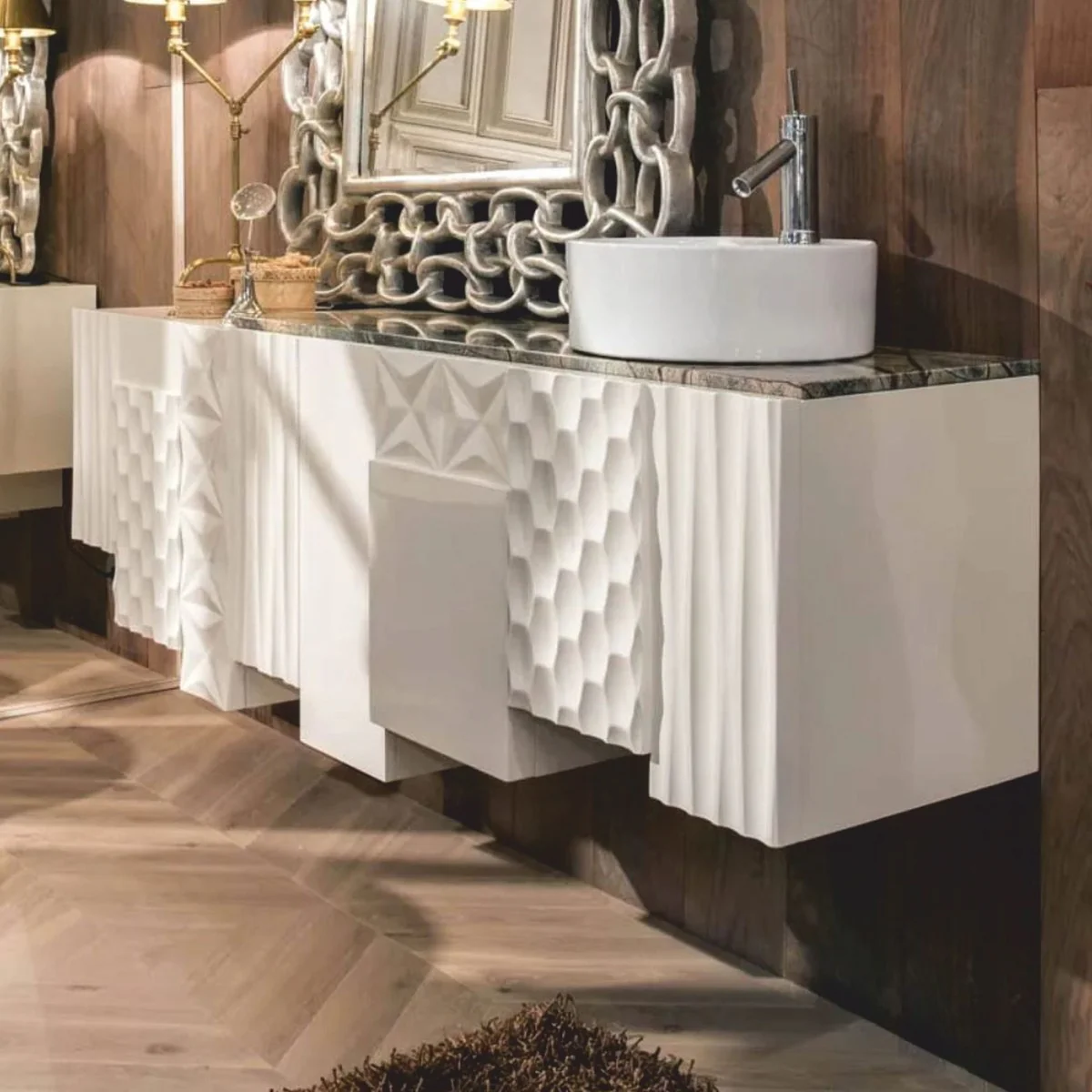 Luxury designer washbasin wall cabinet high gloss white 170 cm