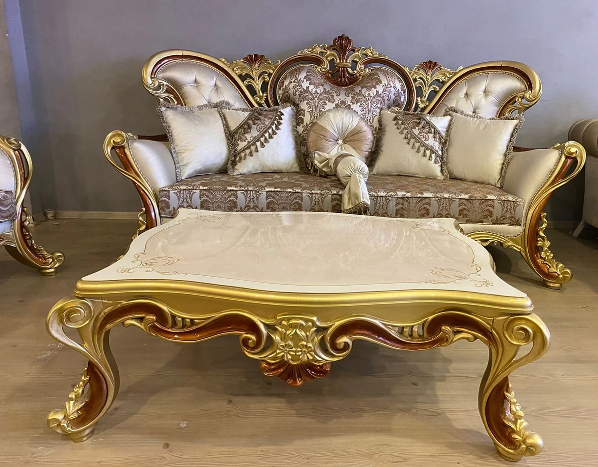 Luxury Baroque Sofa Cream / Silver / Brown / Gold / Brown - Magnificent Living Room Sofa - Baroque Style Living Room Furniture - Luxury Furniture in Baroque Style - Magnificent Baroque Furniture