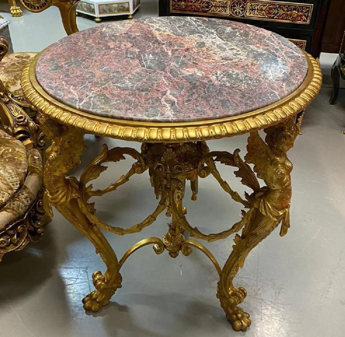 Luxury baroque side table gold / gray / red - magnificent round bronze table with marble top - luxury furniture in baroque style - baroque style living room furniture - baroque furniture