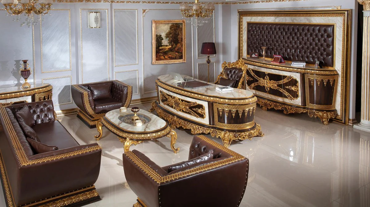 Luxury Baroque Chesterfield Sofa Dark Brown / Gold - Magnificent living room sofa with elegant faux leather - Baroque Chesterfield living room furniture