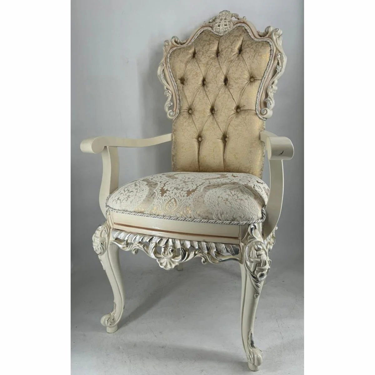 Luxus Barock Esszimmer Stuhl mit Armlehnen Gold / Creme / Weiß / Silber - Barock Möbel