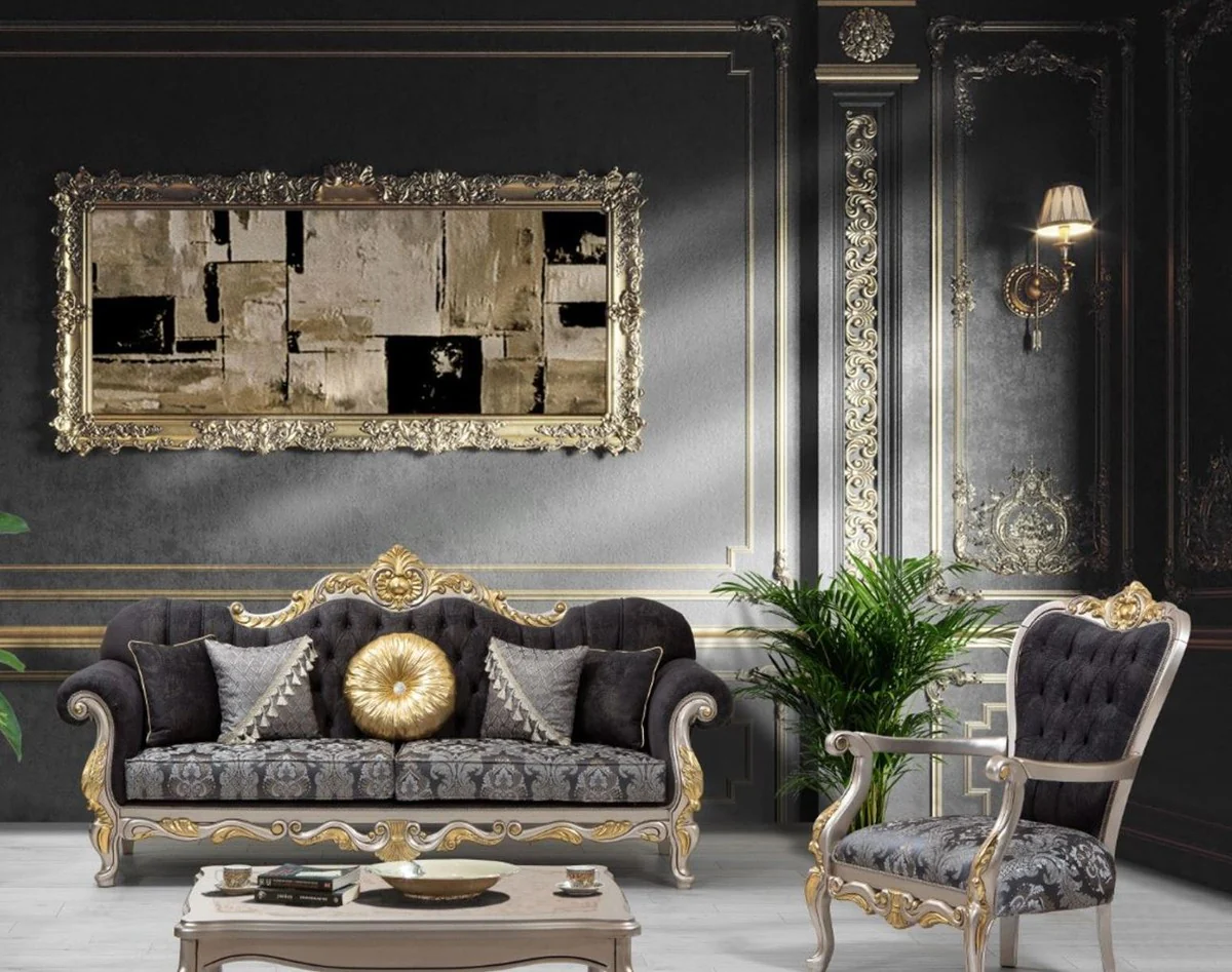 Luxus Barock Wohnzimmer Set Schwarz / Silber / Gold - 2 Sofas & 2 Sessel & 1 Couchtisch - Wohnzimmer Möbel im Barockstil - Edel & Prunkvoll