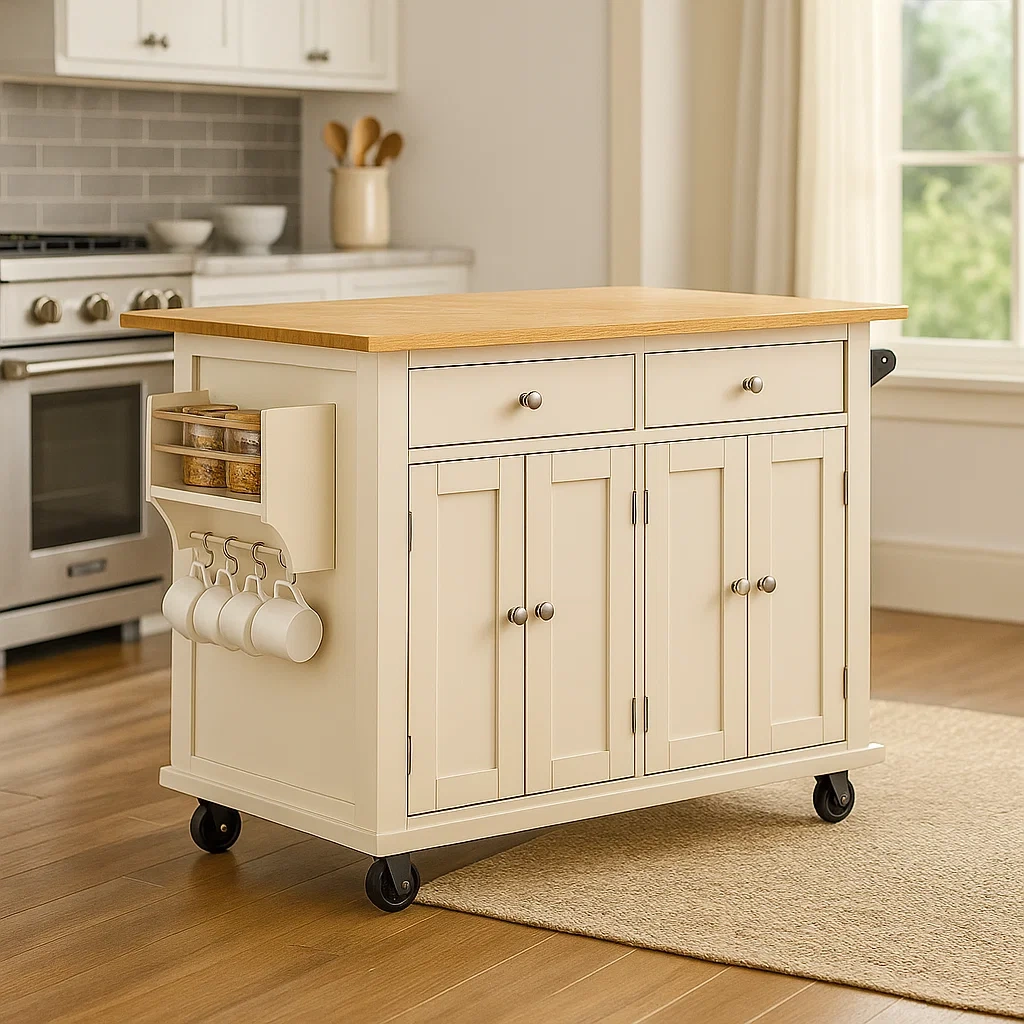 Rechteckige Kücheninsel mit Doppelschrank und zwei Schubladen, aus MDF-Holz, cremefarben, mit Rollen und seitlichen Haken, 115 x 48 x 91 cm, für multifunktionale Küchen – rv025WbmBGOb