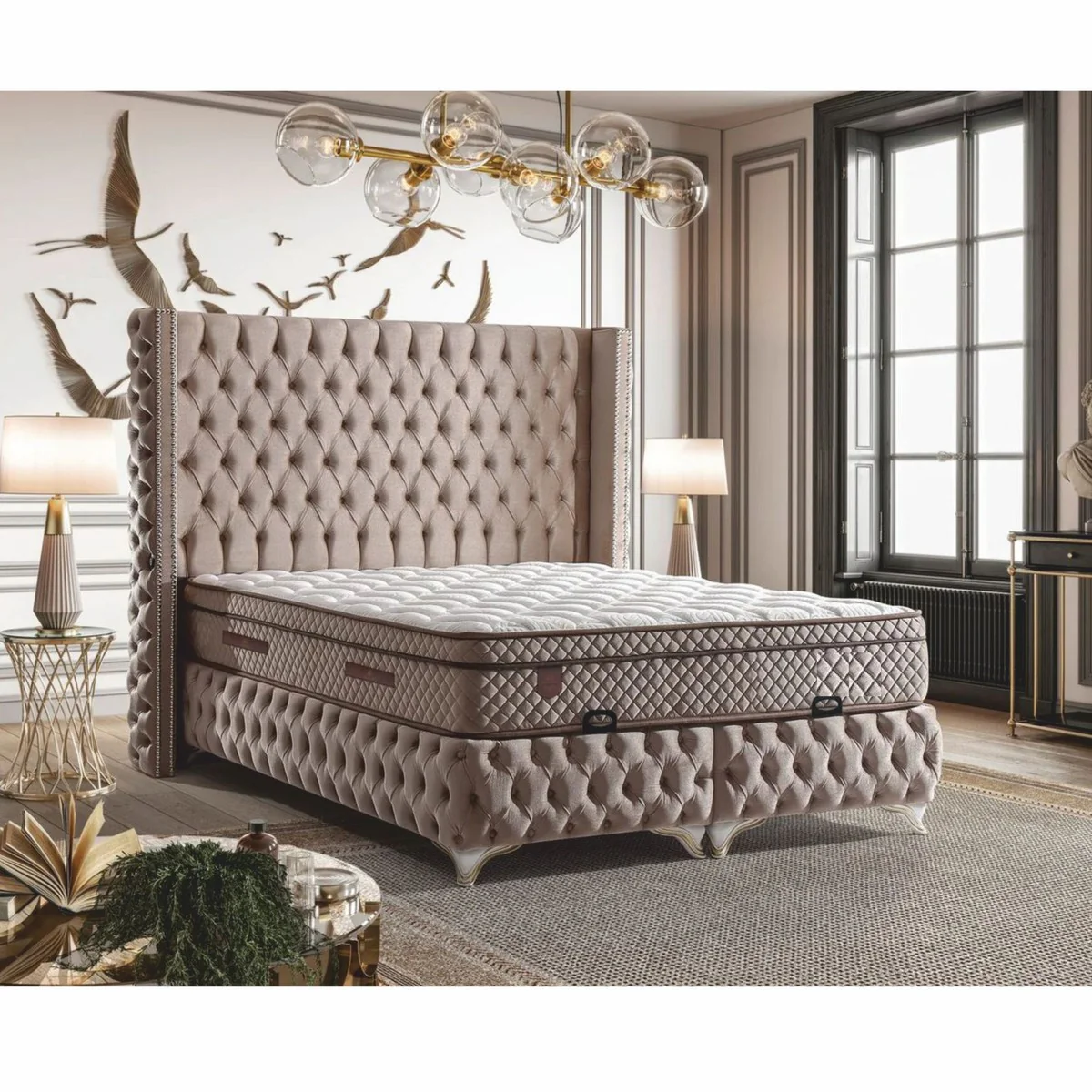 Luxury Chesterfield Velvet Double Bed with Mattress Greige / White / Gold - Various Sizes