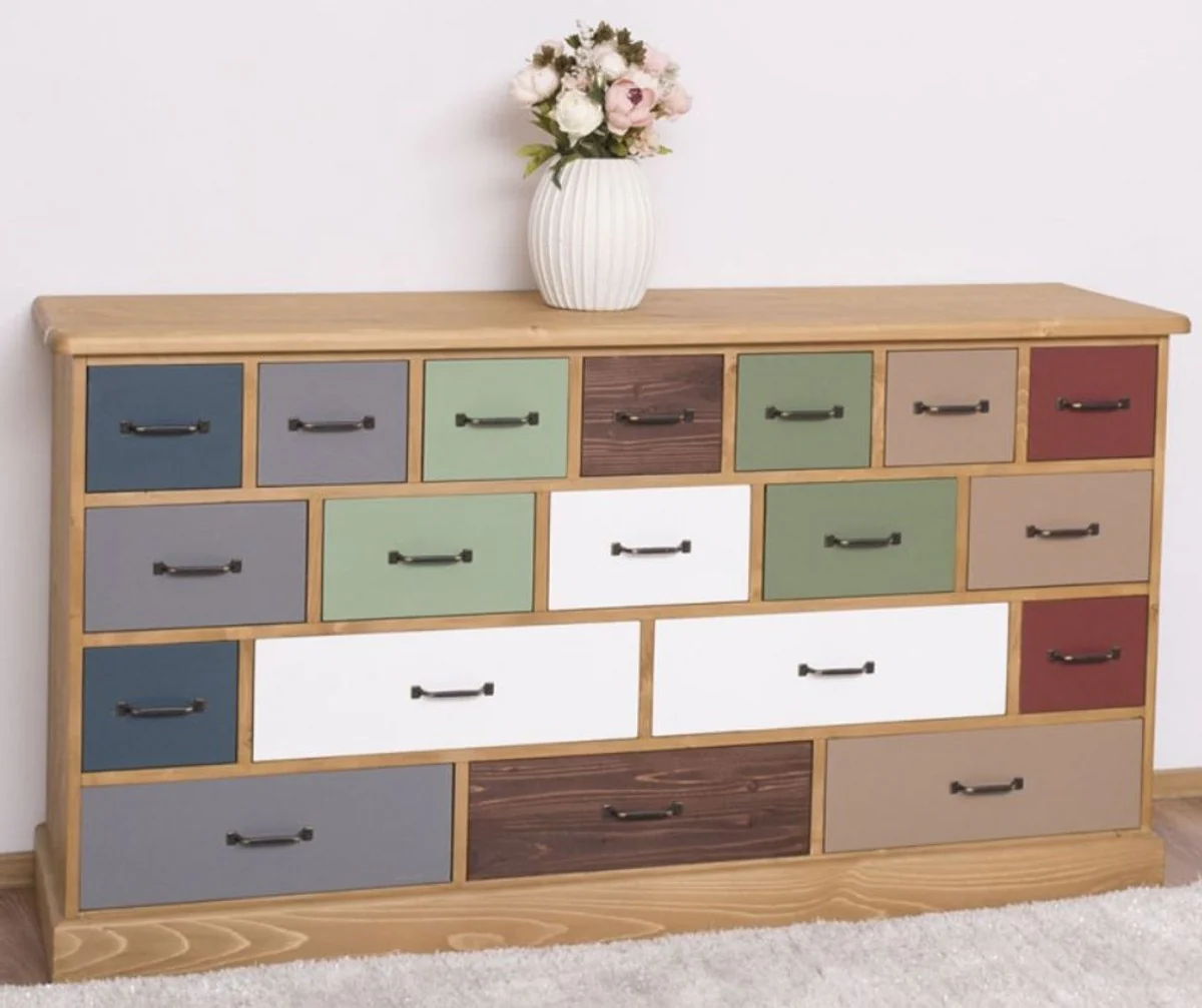 Country house style chest of drawers light brown / multicolored 180 x 48 x H. 95 cm - solid wood cabinet with 19 drawers - country house style furniture