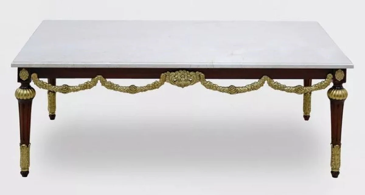 Luxury baroque coffee table with marble top white / dark brown / gold - rectangular living room table in baroque style - baroque furniture - noble & magnificent