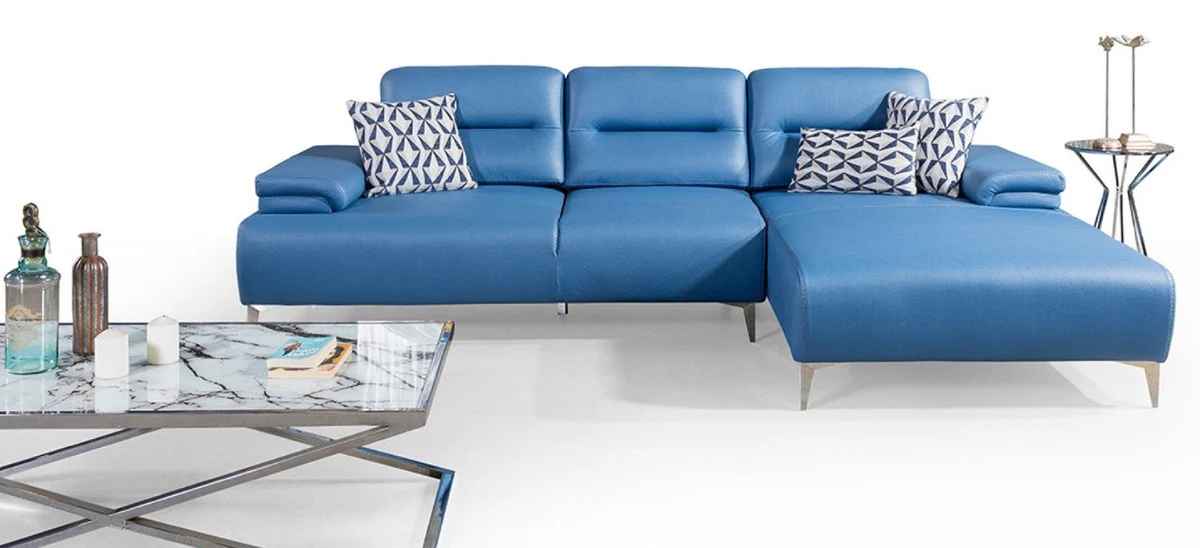 Luxury faux leather corner sofa blue / silver 285 x 182 cm - living room furniture
