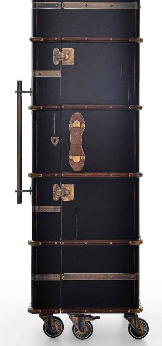 Luxury bar cabinet with wheels antique black 73.5 x 54 x H. 173.5 cm - suitcase cabinet in a retro look - retro style wine cabinet - bar furniture - luxury furniture