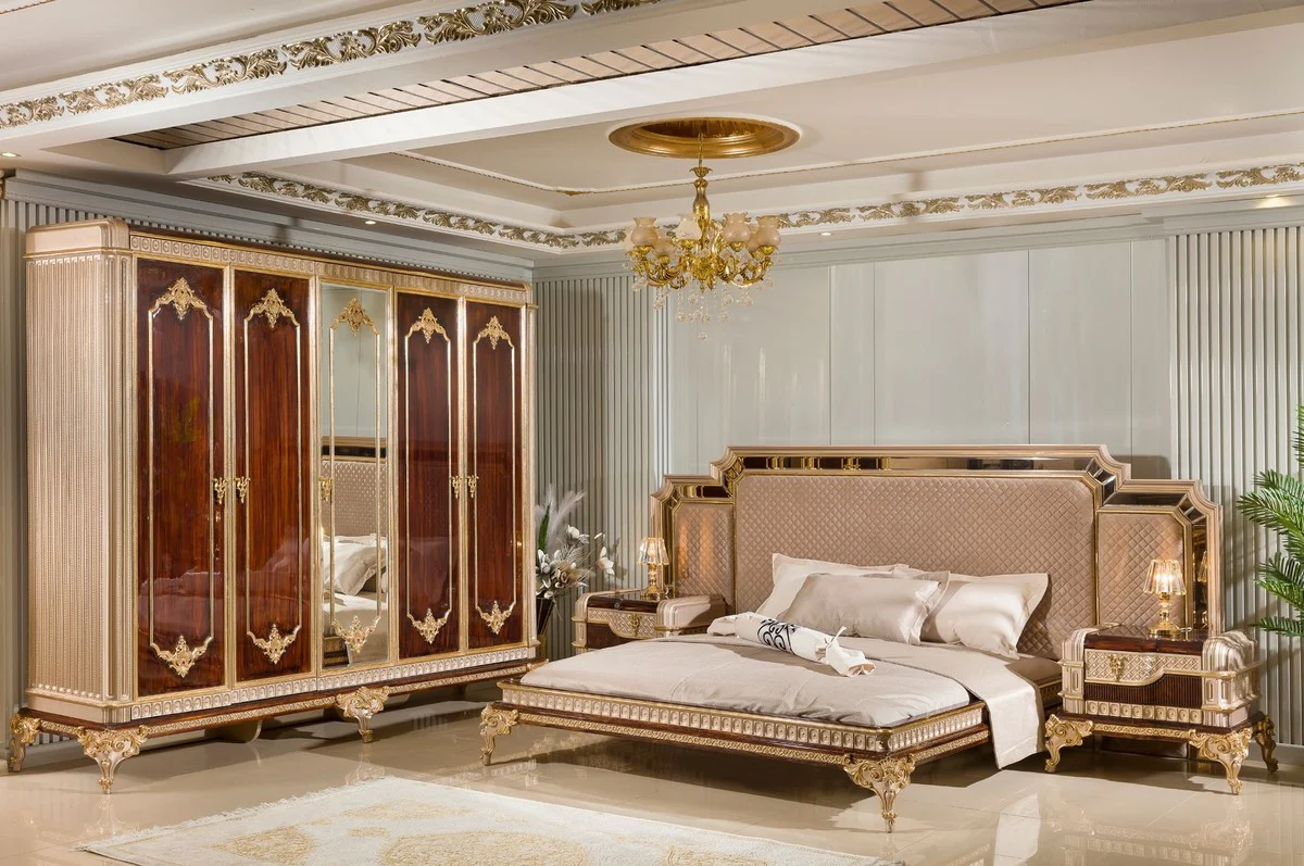 Luxury baroque double bed with 2 nightstands gray / dark brown / gold - baroque furniture