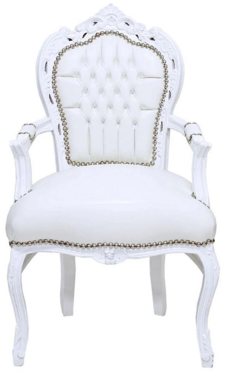 Baroque dining room chair with armrests and elegant faux leather white / white - handmade antique style chair - dining room furniture in baroque style - baroque furniture
