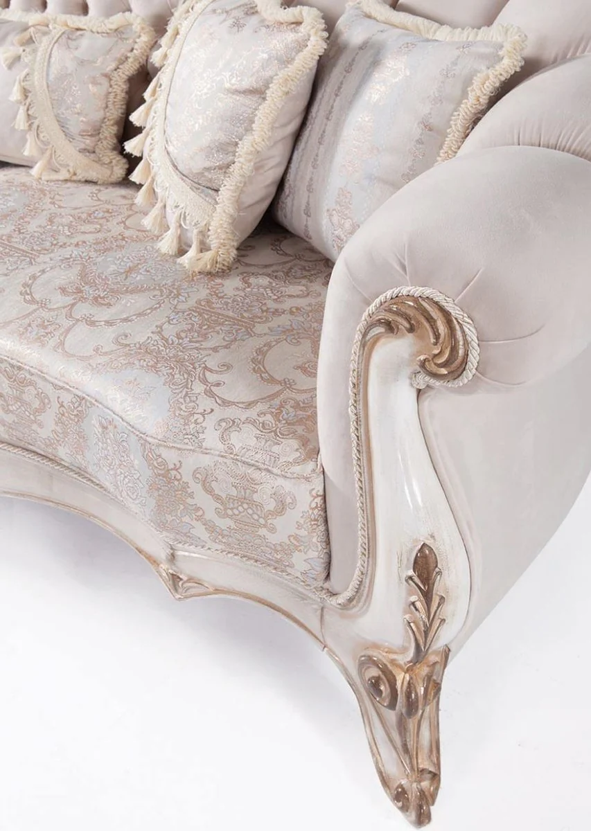 Luxury Baroque living room sofa with cushions light gray / white / antique bronze 243 x 89 x H. 106 cm - Baroque furniture
