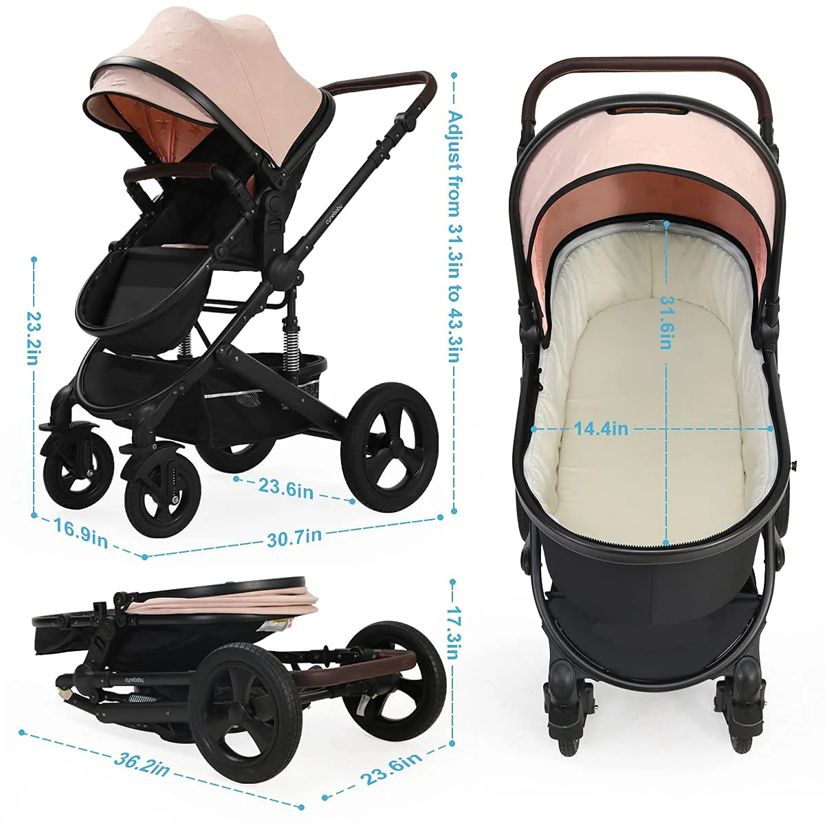 Kinderwagen für Neugeborene und Kleinkinder – Cynebaby 2-in-1 Hochformat, umwandelbar, umkehrbar, stoßfest, Stubenwagen, Kinderwagen, Kinderwagen, mit Getränkehalter, Fußsack und Wickeltasche (grün)