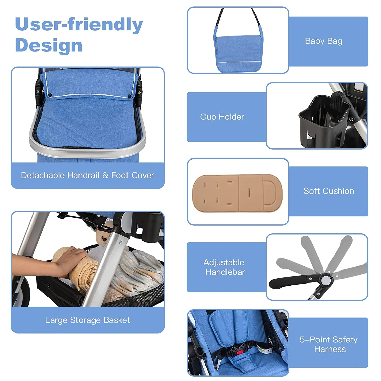 Kinderwagen für Neugeborene, 2-in-1-Hochformat-Kinderwagen und umwandelbarer Stubenwagen, verstellbare Rückenlehne und Verdeck, Getränkehalter, Aufbewahrungskorb, faltbarer Kinderwagen mit Fußabdeckung (blau)