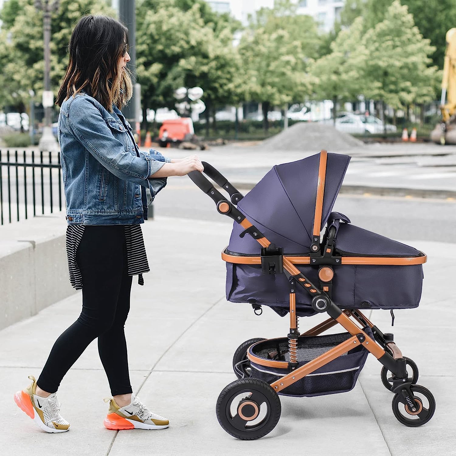 Kinderwagen, Hochformat-Kinderwagen, umkehrbarer Stubenwagen für Neugeborene, faltbarer Kinderwagen mit Fußabdeckung, Getränkehalter, Netz, Sicherheitshandschlaufe (Celadon)