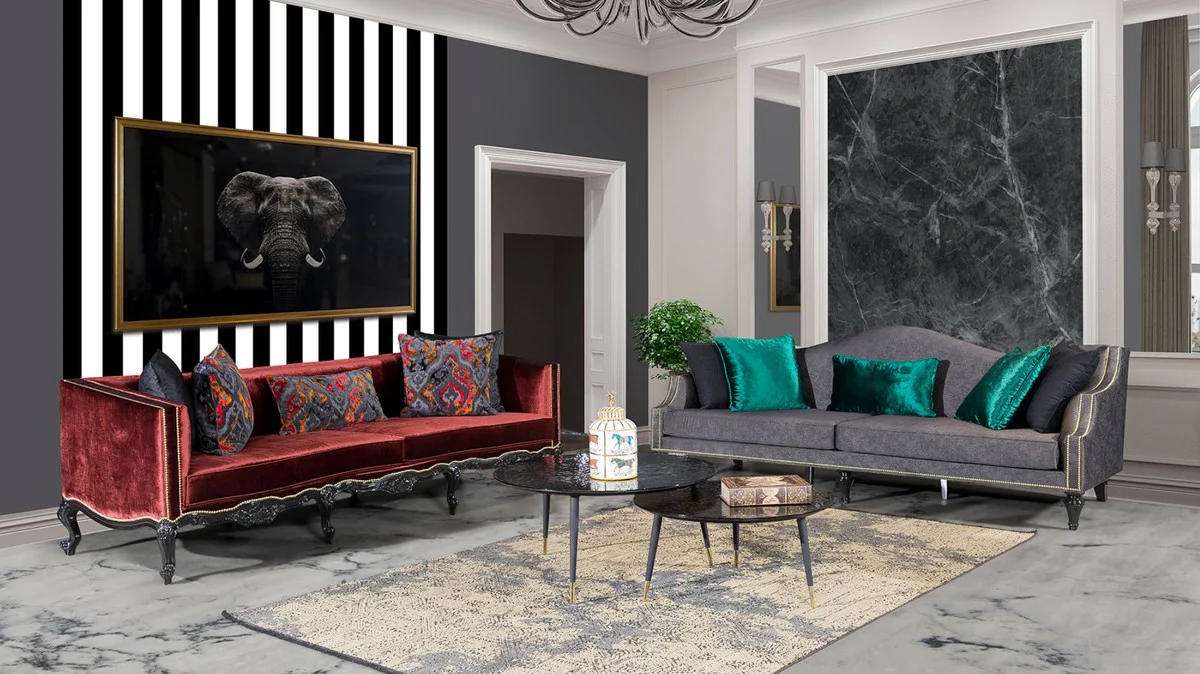 Luxury Baroque Sofa Bordeaux Red / Black / Gold - Magnificent Living Room Sofa in Baroque Style - Baroque Living Room Furniture