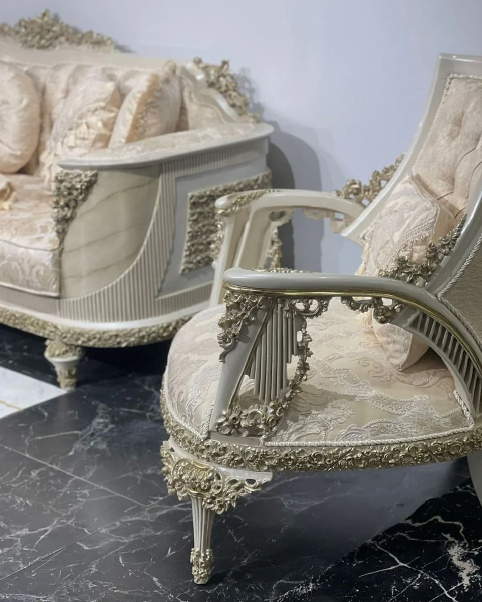 Luxury Baroque Living Room Sofa with Pattern Gold / Gray / Gold - Handmade Baroque Style Sofa - Luxury Living Room Furniture in Baroque Style - Baroque Furniture - Noble & Magnificent