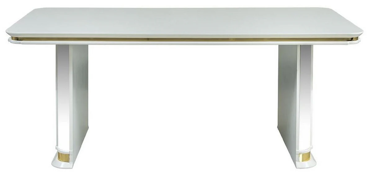 Luxury Art Deco Dining Table White / Gold - Handcrafted Solid Wood Kitchen Table with Mirror Glass - Art Deco Dining Room Furniture