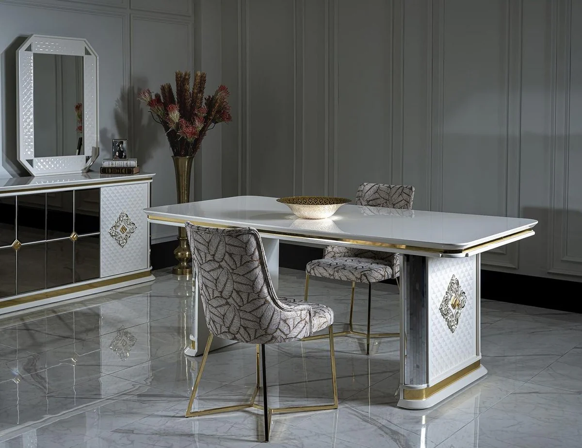 Luxury Art Deco Dining Table White / Gold - Handcrafted Solid Wood Kitchen Table with Mirror Glass - Art Deco Dining Room Furniture