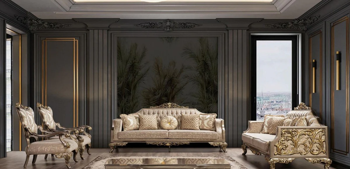 Luxus Barock Wohnzimmer Set Grau / Beige / Silber / Gold - 2 Barock Sofas mit Muster & 2 Barock Sessel mit Muster & 1 Barock Couchtisch - Barock Wohnzimmer Möbel