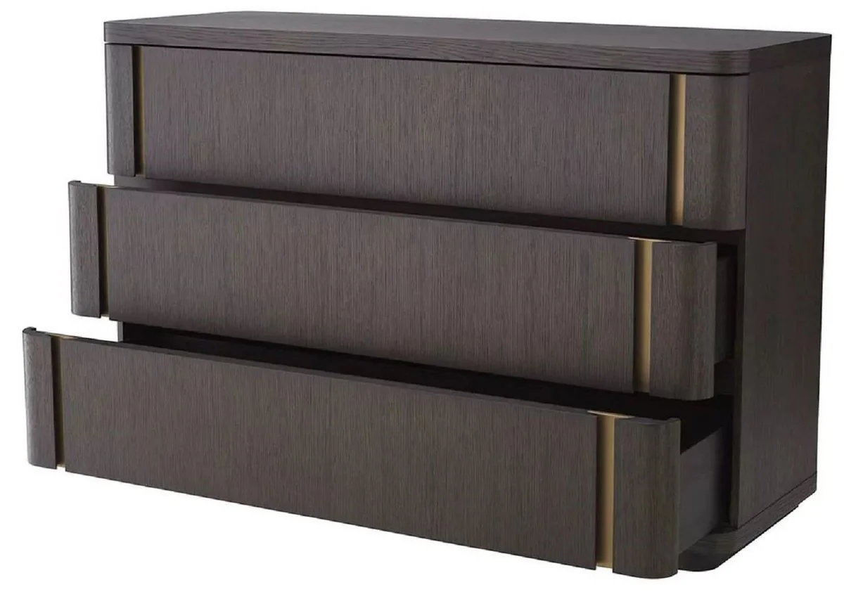 Luxury solid wood chest of drawers with 3 drawers mocha / brass 140 x 52 x H. 95 cm - Bedroom chest of drawers - Bedroom furniture - Luxury furniture - Luxury furnishings - Luxury furniture