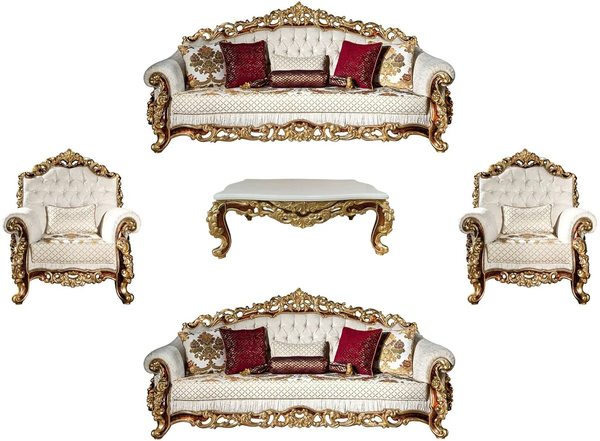 Luxus Barock Wohnzimmer Set Weiß / Gold / Braun - 2 Sofas & 2 Sessel & 1 Couchtisch - Wohnzimmer Möbel im Barockstil - Edel & Prunkvoll