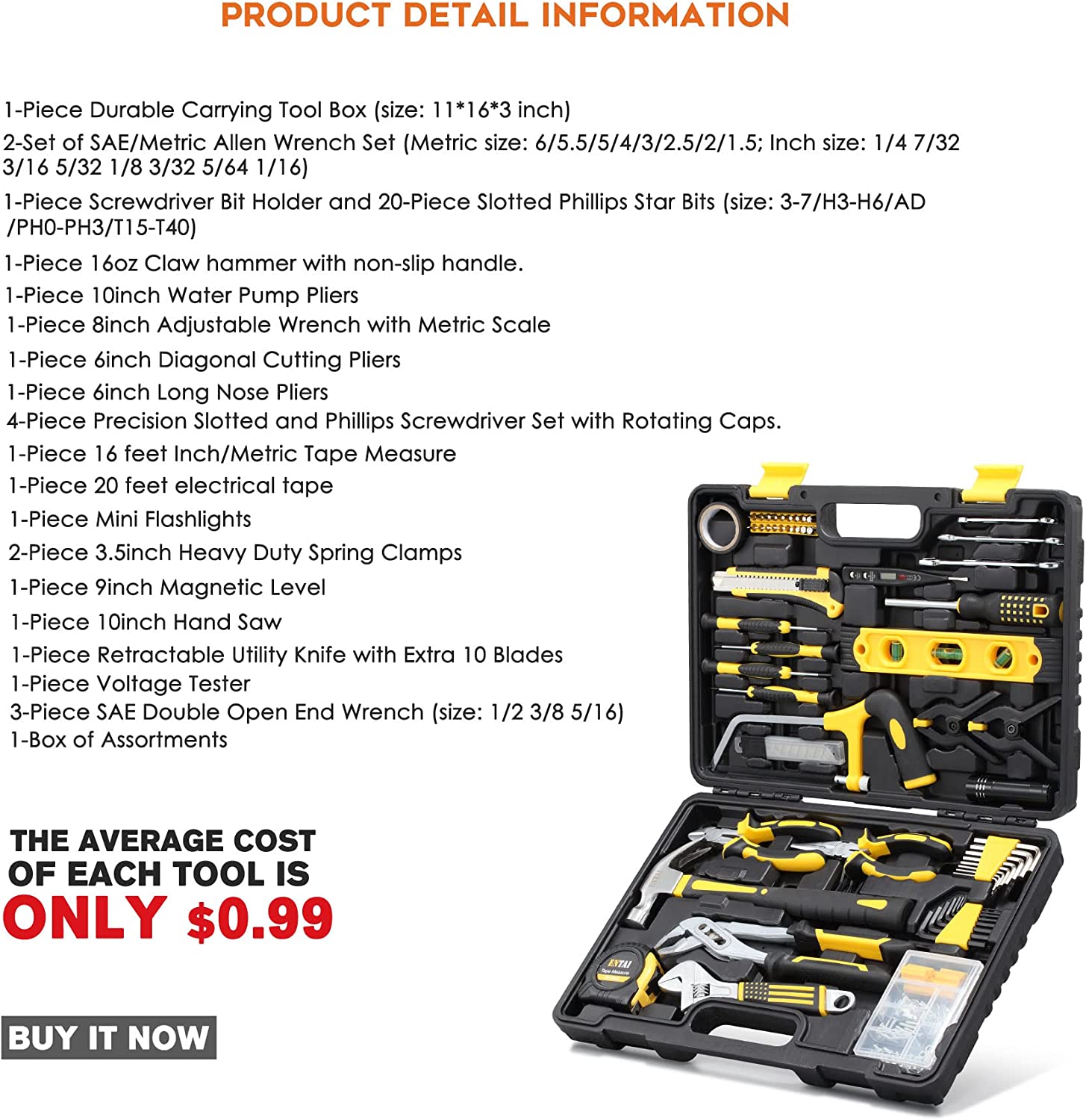 218-Stück-Tool-Kit für zu Hause, General Household Hand-Tool-Set mit Solid Carrying Tool Box, Home Repair Basic Tool-Kit-Sets für Home Maintenance