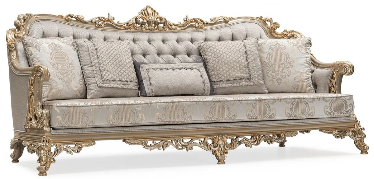 Luxury Baroque Living Room Sofa Silver / Gray / Gold - Handmade Baroque Style Sofa with Decorative Pillows - Luxury Living Room Furniture in Baroque Style - Baroque Furniture - Noble & Magnificent