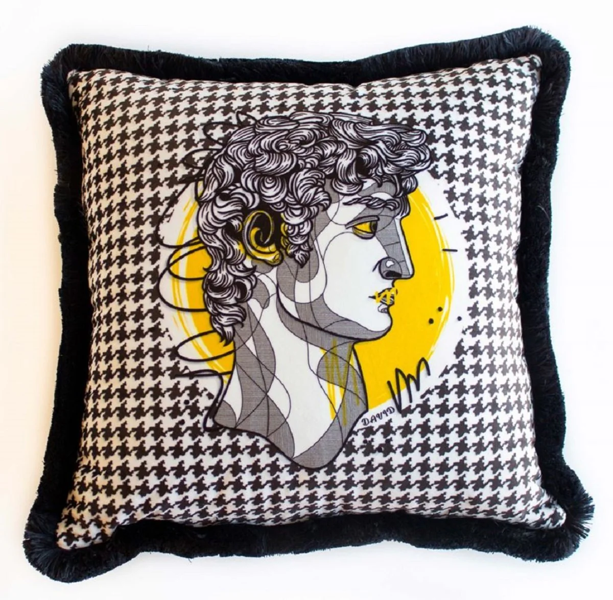Luxury decorative cushion baroque bust white / gray / yellow / black 45 x 45 cm - printed velvet cushion with fringes - luxury decorative accessories
