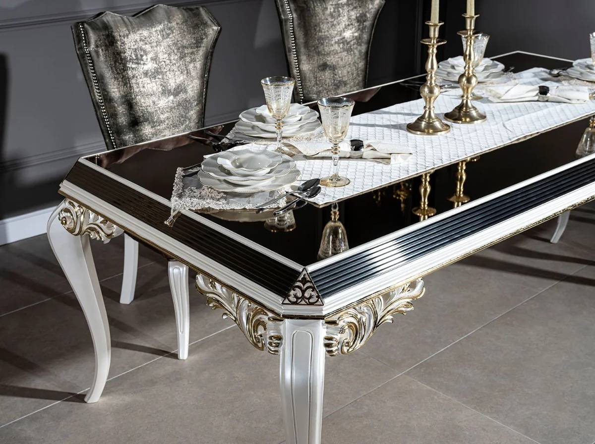 Luxury baroque dining table white / gold / black 207 x 104 x H. 78 cm - solid wood kitchen table with glass top - elegant dining room furniture in baroque style